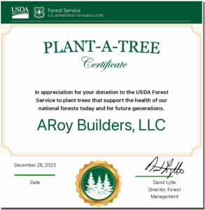 Certificate of donation by ARoy Builders from the US Forestry Service.